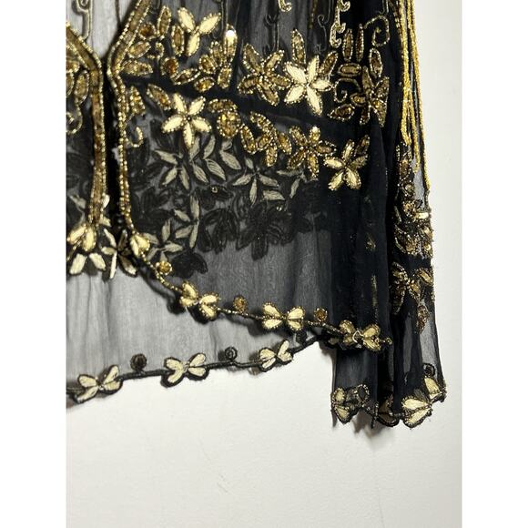 GORGOUS VINTAGE Black Gold Silky Beaded Embroidered Jacket Blouse Top L/XL - Picture 3 of 8